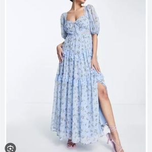 ASOS DESIGN Maternity lace insert midi tea dress in blue ditsy floral.